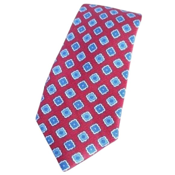 100% Silk Necktie Floral Square Print Roundtree & Yorke Mens Red Blue White - Picture 1 of 10